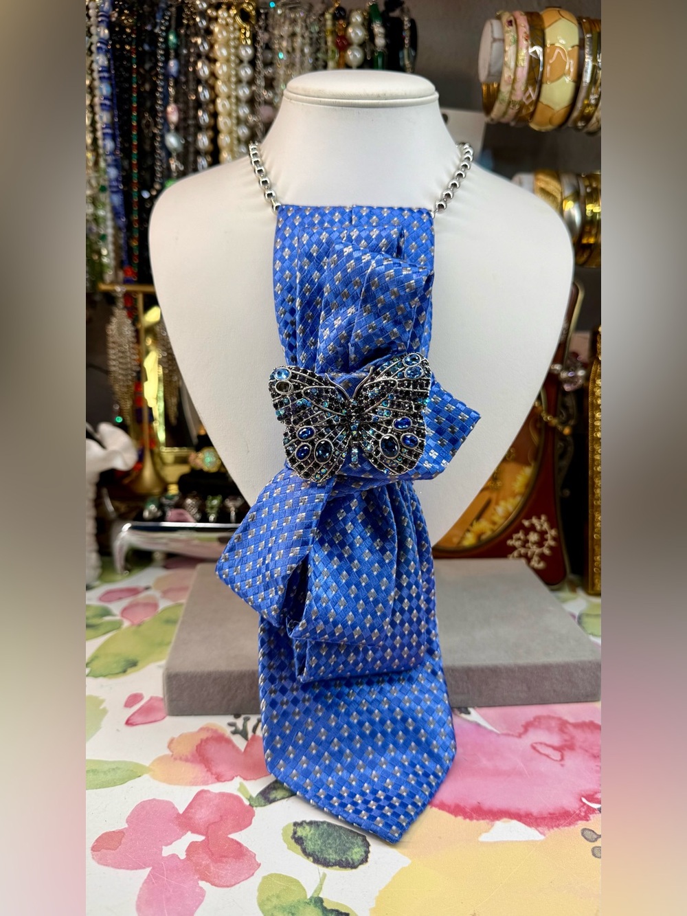 Vintage Tie Necklace with Blue Butterfly Brooch  - Women's Accessory